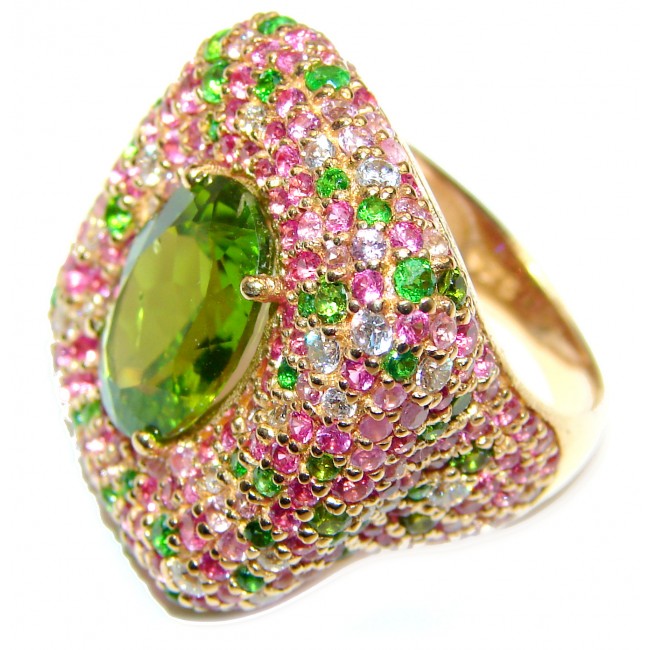 Spectacular Genuine 25ctw Peridot Tourmaline 24K Gold over .925 Sterling Silver handcrafted Statement Ring size 7