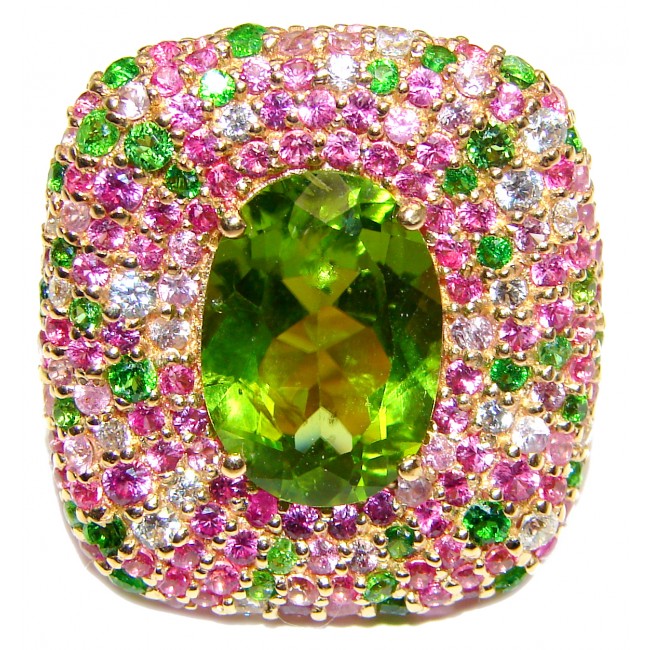 Spectacular Genuine 25ctw Peridot Tourmaline 24K Gold over .925 Sterling Silver handcrafted Statement Ring size 7