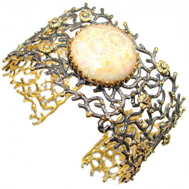 Chunky Genuine Fossilized Coral 18 K Gold over .925 over Sterling Silver handcrafted Bracelet / Cuff