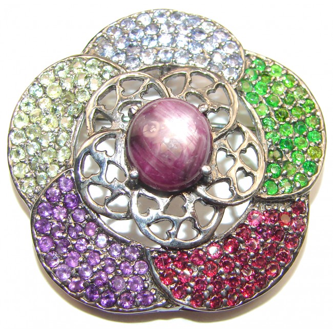 Genuine Kashmir Star Ruby .925 Sterling Silver handmade Pendant - Brooch