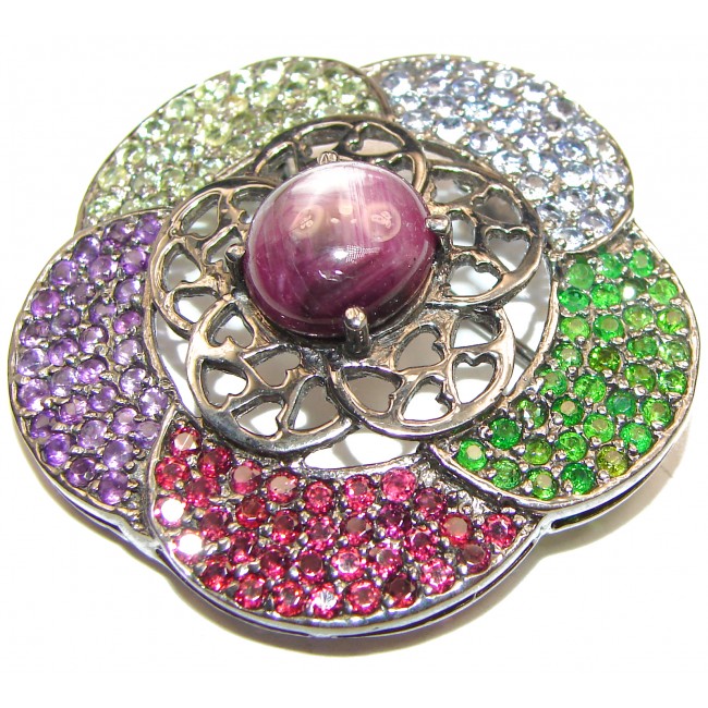 Genuine Kashmir Star Ruby .925 Sterling Silver handmade Pendant - Brooch