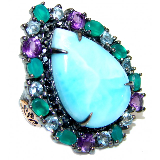 Natural Larimar Emerald Black Rhodium over .925 Sterling Silver handcrafted Ring s. 7 1/4
