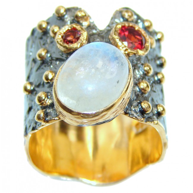 Fire Moonstone Garnet .925 Sterling Silver handmade ring s. 7 1/4