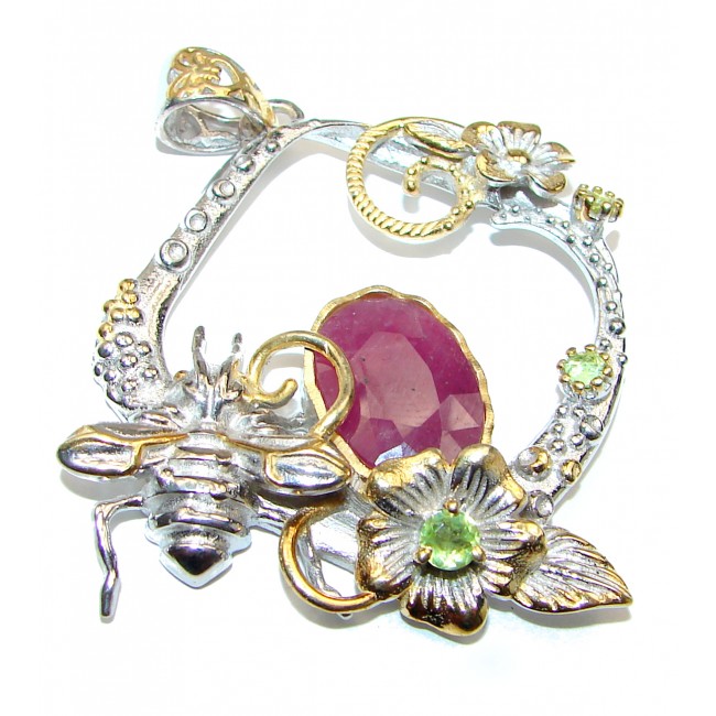 Floral Design Authentic Kashmir Ruby .925 Sterling Silver handcrafted Pendant