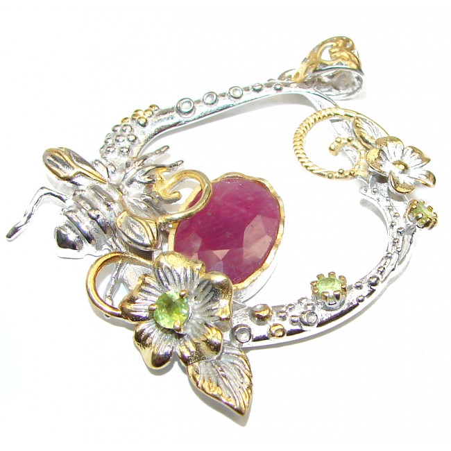 Floral Design Authentic Kashmir Ruby .925 Sterling Silver handcrafted Pendant