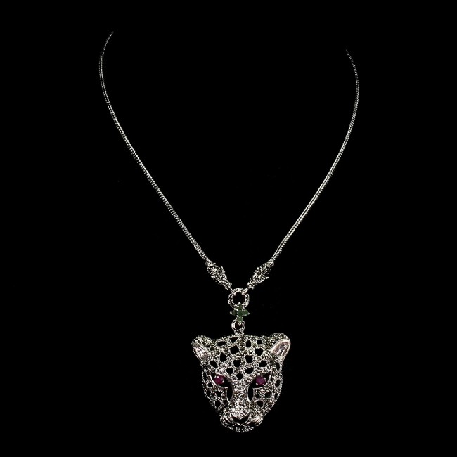 Gephard design genuine Ruby Marcasite .925 Sterling Silver handcrafted Necklace