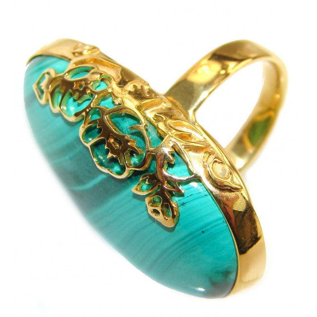 Natural Sublime quality Malachite 14K Gold over .925 Sterling Silver handcrafted ring size 8 adjustable