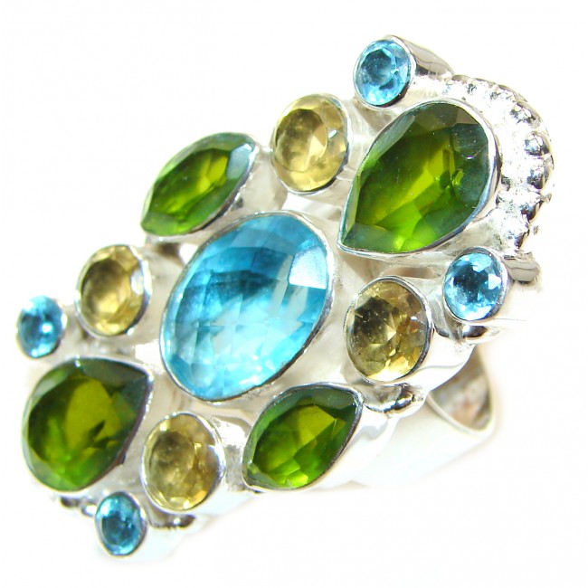Authentic multicolor Quartz .925 Sterling Silver handcrafted ring s. 9 3/4