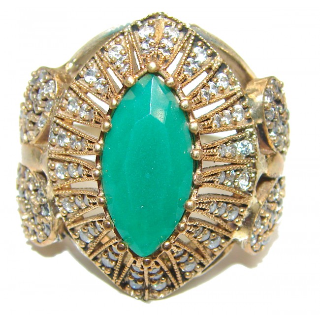 Victorian Style created Emerald & White Topaz Copper over Sterling Silver ring; s. 9 1/4