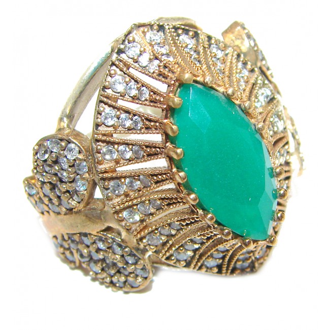 Victorian Style created Emerald & White Topaz Copper over Sterling Silver ring; s. 9 1/4