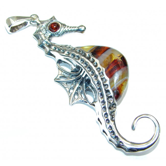 Large Seahorse Natural Baltic Amber .925 Sterling Silver handmade Pendant