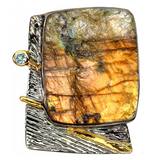 Golden Rough Fire Labradorite 18K Gold over .925 Sterling Silver handcrafted Pendant Brooch