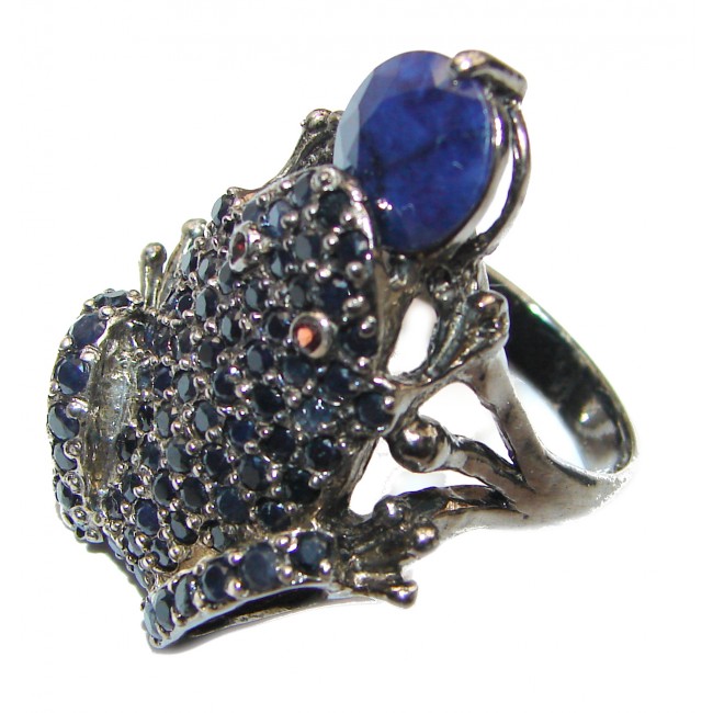 Large Frog Genuine Sapphire black rhodium over .925 Sterling Silver handcrafted Statement Ring size 9
