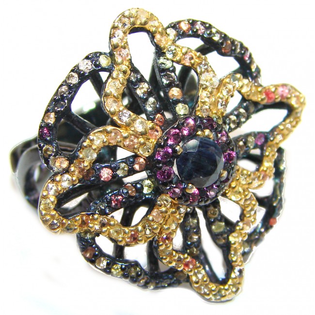 Large Genuine Sapphire Black rhodium over .925 Sterling Silver handcrafted Statement Ring size 8