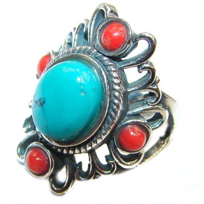 Natural Fossilized Coral & Turquoise .925 Sterling Silver handmade ring s. 8