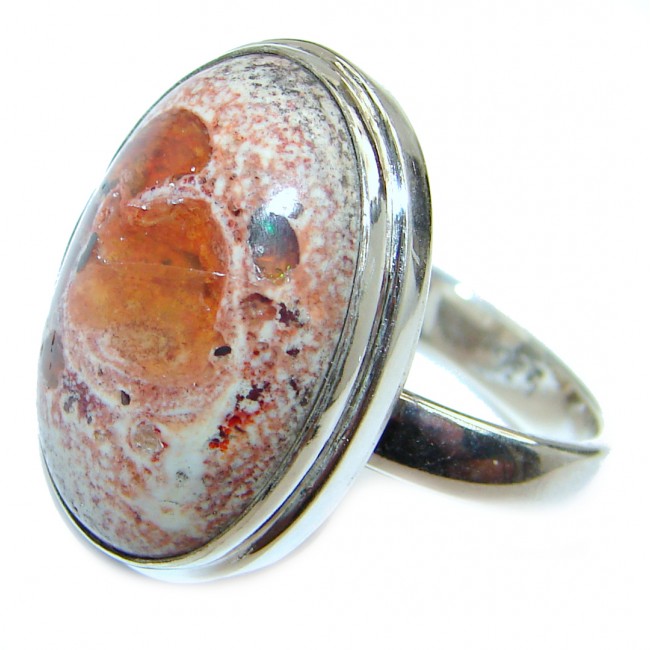 Stunning Genuine Mexican Opal .925 Sterling Silver handmade Ring size 8 adjustable