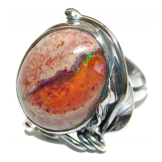 Positive Energy Orange Genuine Mexican Opal .925 Sterling Silver handmade Ring size 7 adjustable