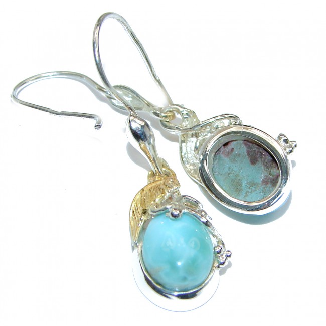 Precious Blue Larimar 2 TONES .925 Sterling Silver handmade earrings