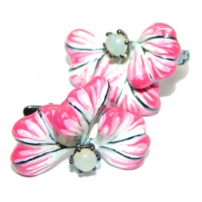 Genuine Enamel Pink Flower .925 Sterling Silver handcrafted Earrings