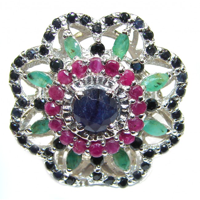 Large Genuine Sapphire Emerald Ruby .925 Sterling Silver handcrafted Statement Ring size 8 1/4