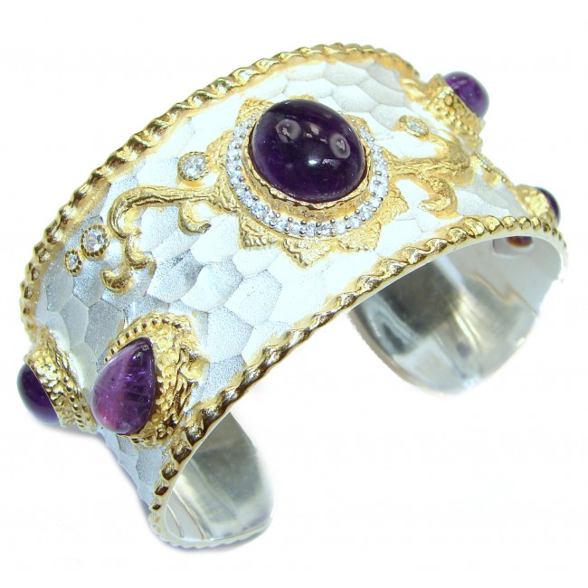 Bracelet with Cabochon Amethyst & Diamonds 24K gold and Silver in Antique White Patina