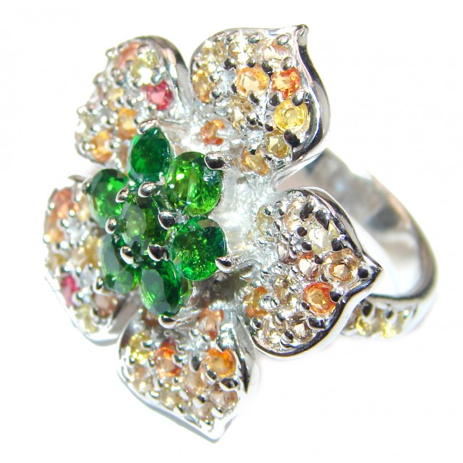 Large Genuine Chrome Diopside multicolor Sapphire .925 Sterling Silver handcrafted Statement Ring size 9