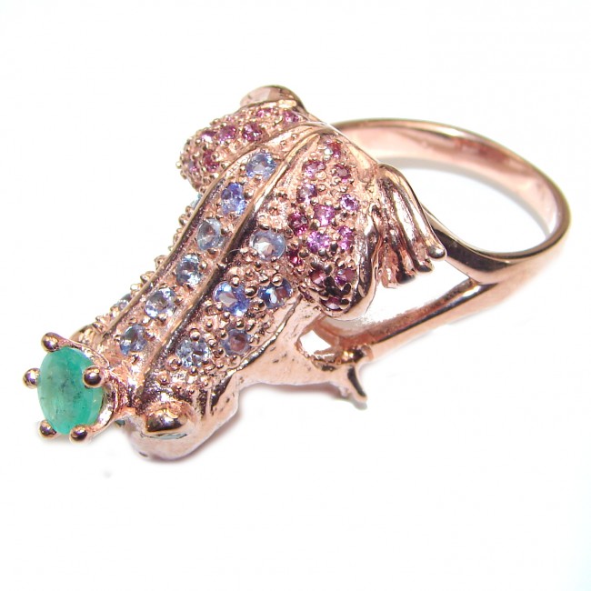Large Frog Genuine Emerald rose gold over .925 Sterling Silver handcrafted Statement Ring size 8 3/4