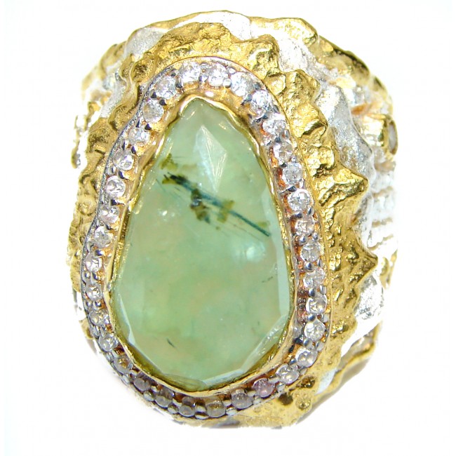 Natural Prehnite Emerald Black Rhodium over .925 Sterling Silver handcrafted Ring s. 7 1/2