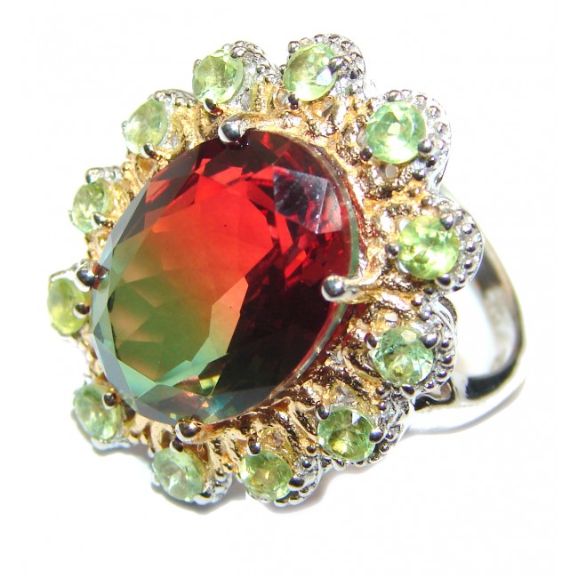 HUGE Watermelon Tourmaline color Topaz 18K Gold over .925 Sterling Silver handcrafted Ring s. 8