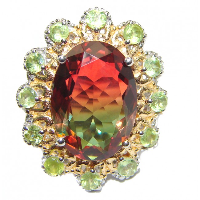 HUGE Watermelon Tourmaline color Topaz 18K Gold over .925 Sterling Silver handcrafted Ring s. 8