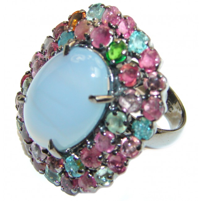 Blue Angel Chalcedony Agate Tourmaline .925 Sterling Silver handcrafted huge Ring s. 8 1/4