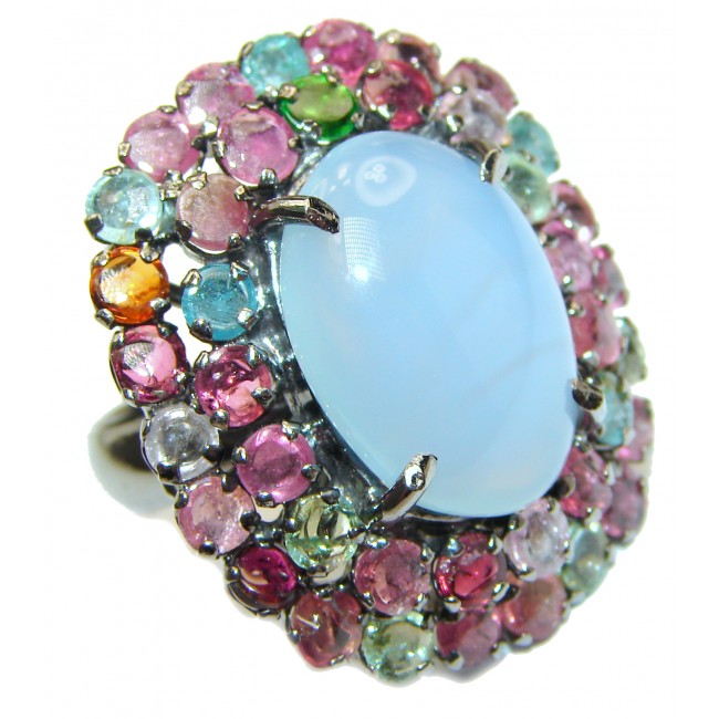 Blue Angel Chalcedony Agate Tourmaline .925 Sterling Silver handcrafted huge Ring s. 8 1/4