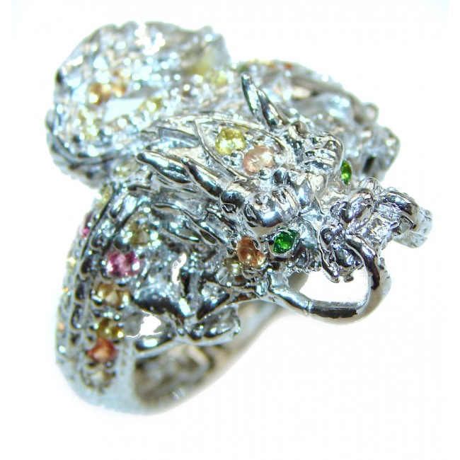 Huge Dragon multicolor Sapphire .925 Sterling Silver Thai Dragon Ring s. 8