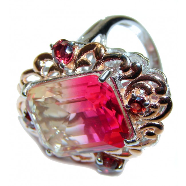 Huge Top Quality Volcanic Pink Tourmaline 18K Gold over .925 Sterling Silver handcrafted Ring s. 8 1/4