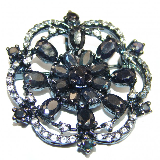 Large Blue Flower genuine black Sapphire .925 Sterling Silver handmade Pendant - Brooch