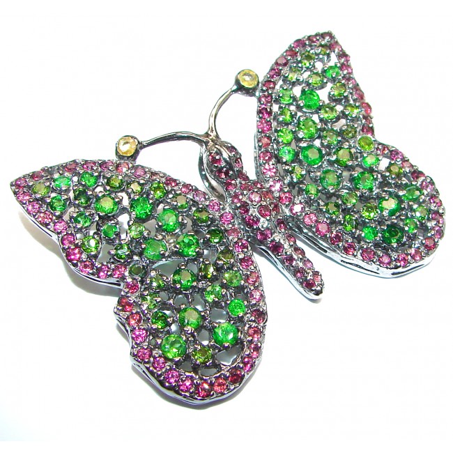 Large Beautiful Butterfly genuine Chrome Diopside .925 Sterling Silver handmade Pendant - Brooch