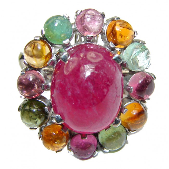 Genuine 25 ctw Star Ruby Watermelon Tourmaline .925 Sterling Silver handcrafted Statement Ring size 8