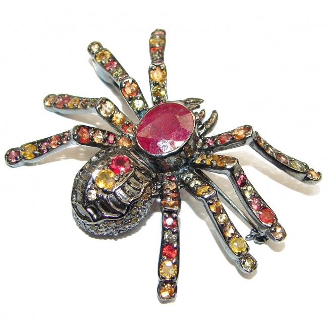 Large Spider genuine Kashmir Ruby Sapphire .925 Sterling Silver handmade Pendant - Brooch