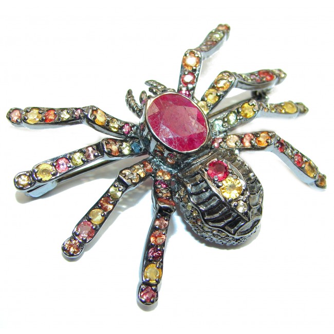 Large Spider genuine Kashmir Ruby Sapphire .925 Sterling Silver handmade Pendant - Brooch