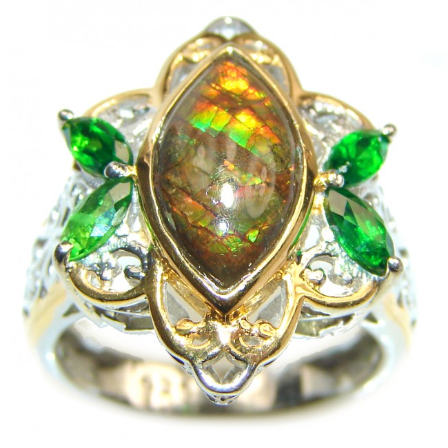 Outstanding Genuine Canadian Ammolite 18K Gold over .925 Sterling Silver handmade ring size 7 1/4