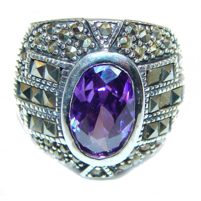 Amazing Created Alexandrite Marcasite Sterling Silver Ring s. 6