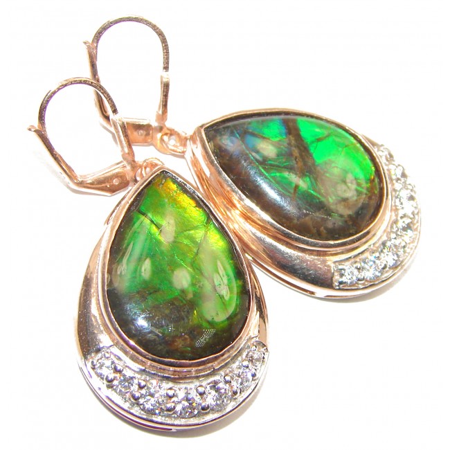 Large Green Aura AAA Canadian Fire Ammolite .925 Sterling Silver handmade earrings