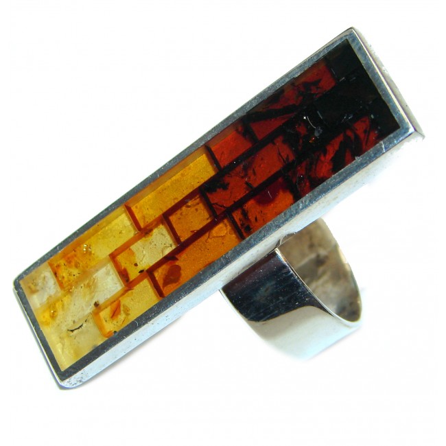 Big Mosaic Brown Polish Amber Sterling Silver handmade Ring s. 8 adjustable