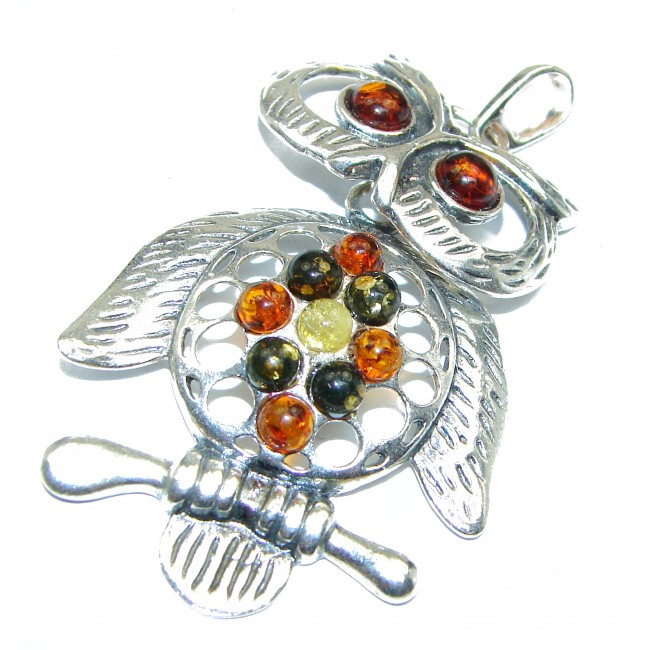 Huge Owl Natural Baltic Amber .925 Sterling Silver handmade Pendant