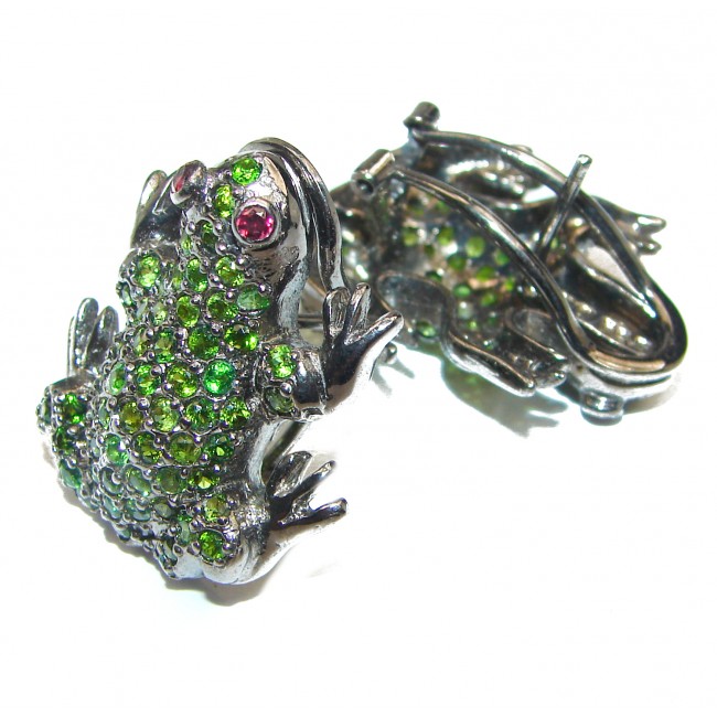 Green Frogs Chrome Diopside black rhodium over .925 Sterling Silver handcrafted earrings