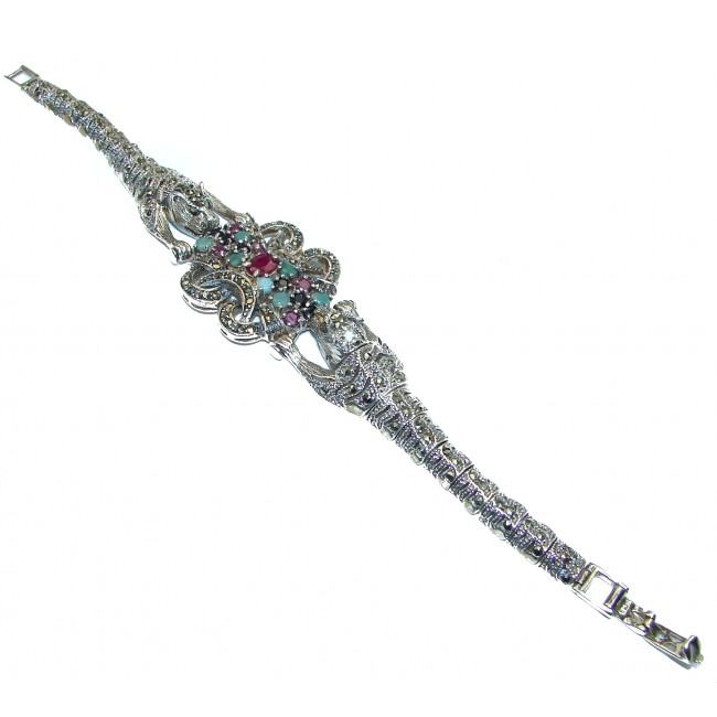 Precious Panthere Emerald Ruby Marcasite Sterling Silver Tennis Bracelet