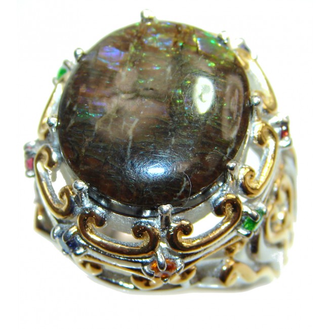 Outstanding Genuine Canadian Ammolite 18K Gold over .925 Sterling Silver handmade ring size 6 1/2