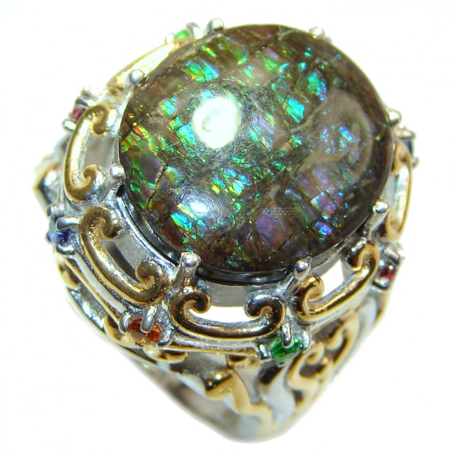 Outstanding Genuine Canadian Ammolite 18K Gold over .925 Sterling Silver handmade ring size 6 1/2
