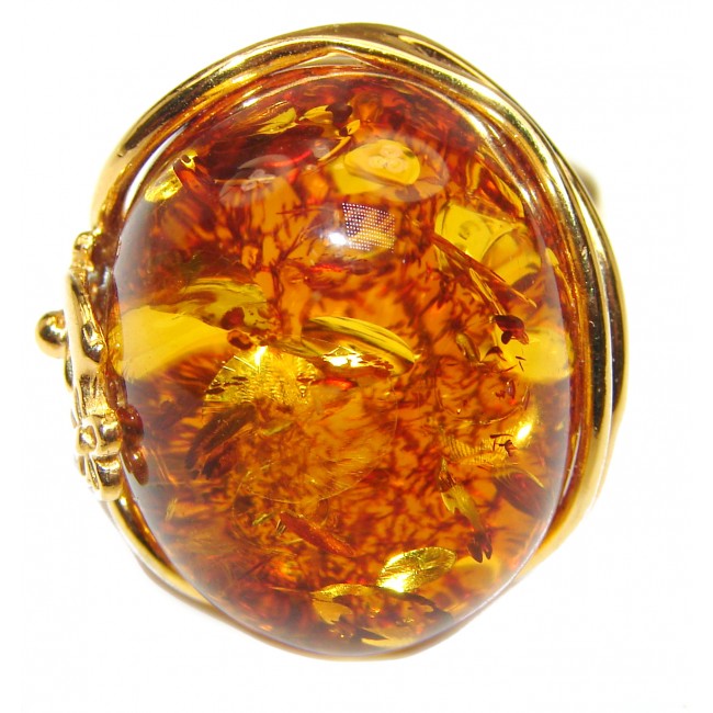 HUGE Genuine Baltic Amber 14K Gold over .925 Sterling Silver handmade Ring size 8 adjustable