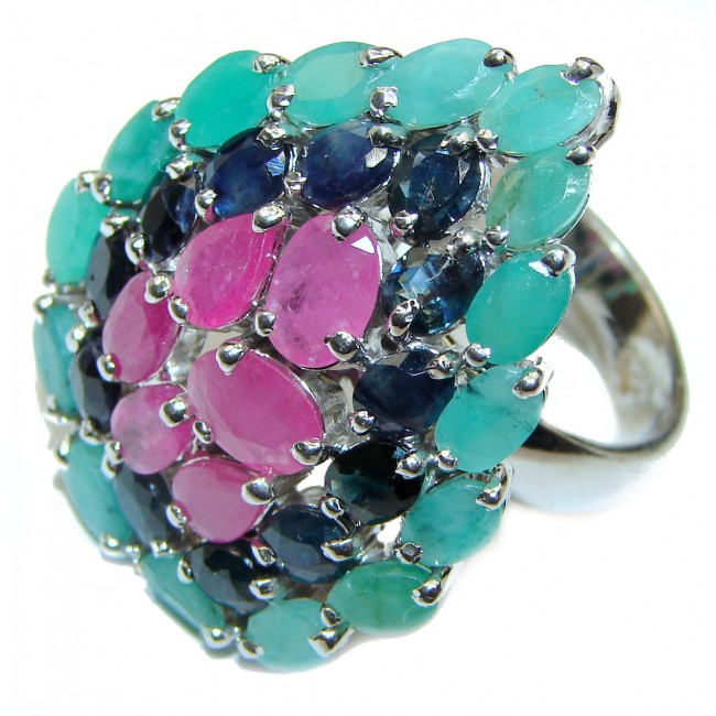 Energizing Moonstone Ruby Emerald Sapphire .925 Sterling Silver handmade Ring size 8